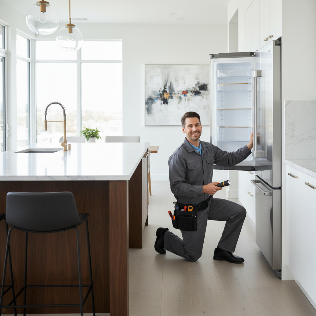 Professional technician inspecting a built-in Viking refrigerator