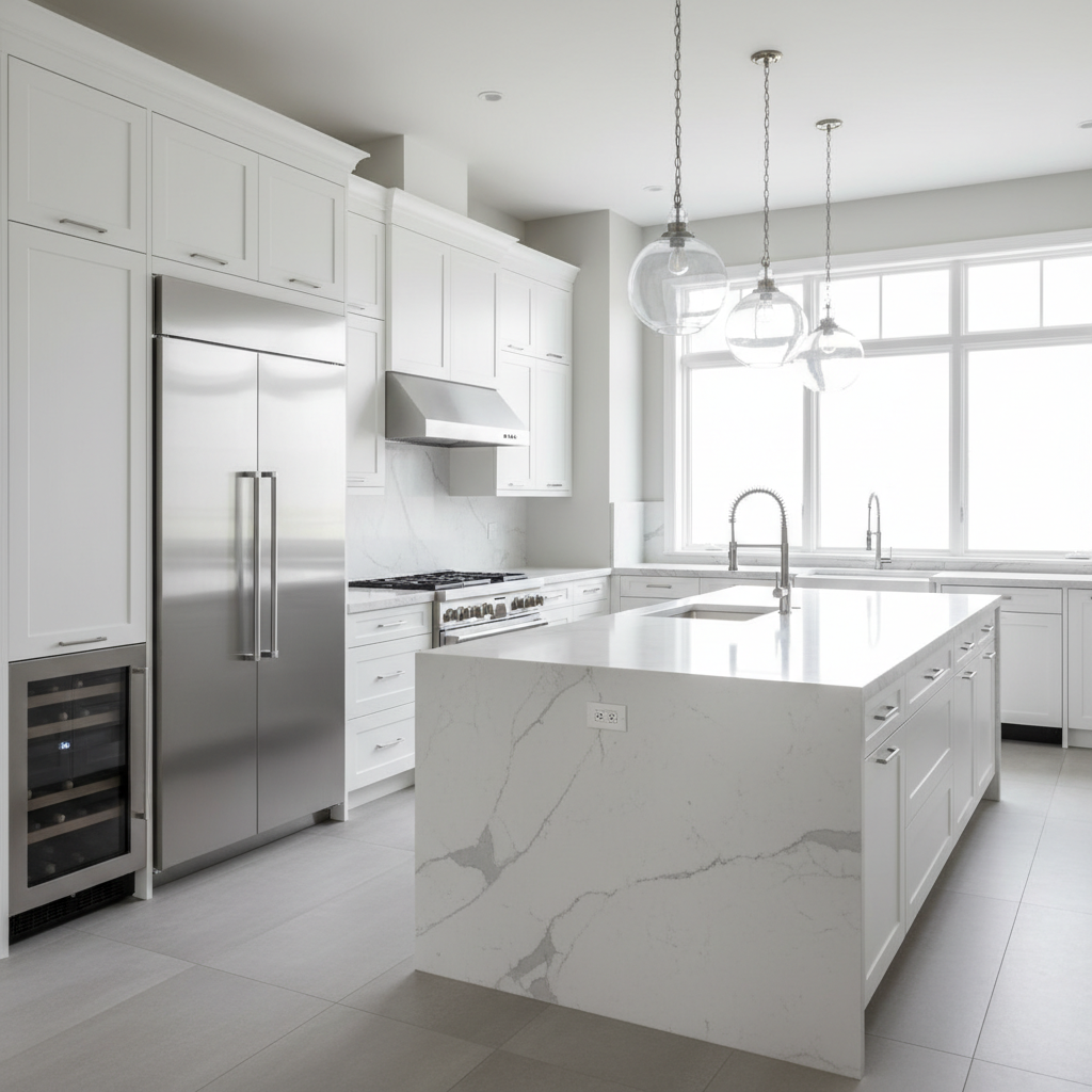 Luxury kitchen with built-in refrigerator, range, and wine cooler